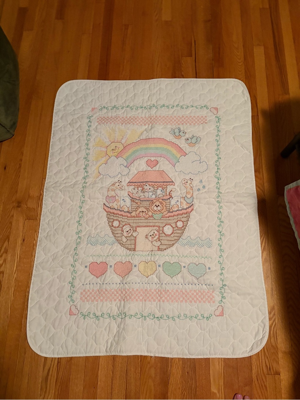 Pastel Noah's Ark Quilted Baby Blanket - White
